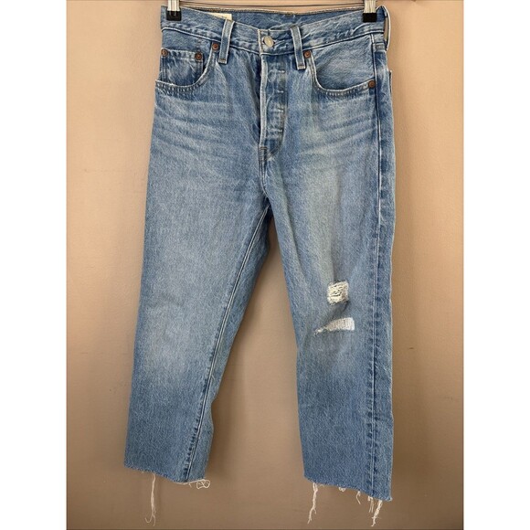Levi’s Womens 501 Jeans Cropped Distressed Button Fly Blue Denim Vintage Fit, 28 - Picture 1 of 9